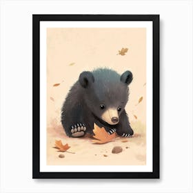 American Black Bear Cub Playing With A Fallen Leaf Storybook Illustration 3 Art Print