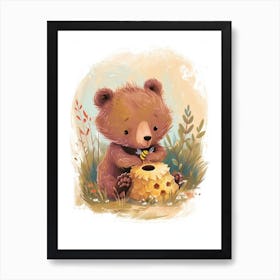 Brown Bear Cub Playing With A Beehive Storybook Illustration 1 Art Print