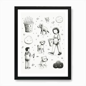 Dog People Black And White Line Art Art Print