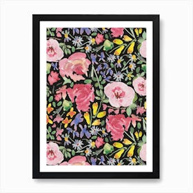 Watercolor Floral Black Art Print