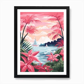 An Illustration In Pink Tones Of  Of Sailboats And Fern Vines 2 Art Print