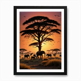 Sunset With Elephants Art Print