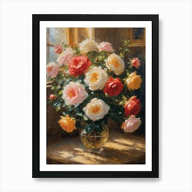 English Roses in Bloom | Antique Oil Painting | Vase of Flowers in Pink and Cream Art Print