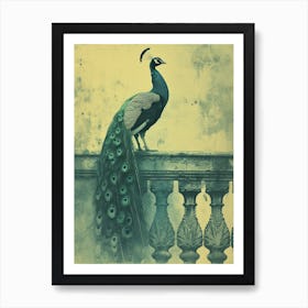 Vintage Peacock On A Banister Cyanotype Inspired 3 Art Print