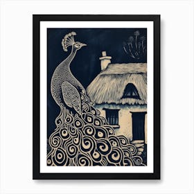 Peacock By The Cottage Navy 1 Art Print