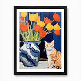 Daffodil Flower Vase And A Cat, A Painting In The Style Of Matisse 0 Art Print