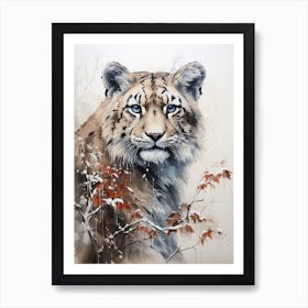 Snow Leopard, Japanese Brush Painting, Ukiyo E, Minimal 2 Art Print