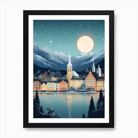 Winter Travel Night Illustration Lucerne Switzerland 2 Art Print