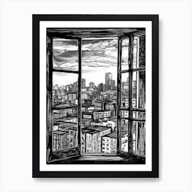 A Window View Of San Francisco In The Style Of Black And White  Line Art 1 Art Print