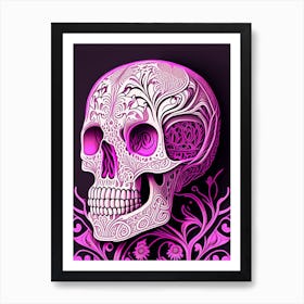 Skull With Intricate Linework 1 Pink Line Drawing Art Print