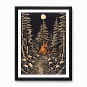 The Forbidden Forest - Vintage Style Line Art of A Skull Lined Path, Enemies and Slayed Foes Leading to a Forest Fire Waiting Just For You - Pagan Creepy Gothic Witchy Horror Artwork on a Full Moon Eerily Spooky Woods Art Print