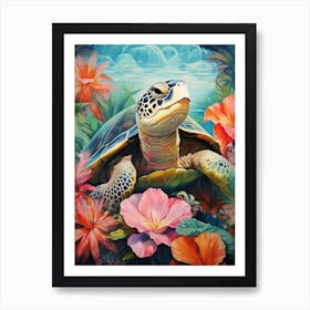 Leatherback Turtle And Tropical Flowers Art Print