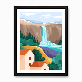 Scenery With Houses And Waterfall Landscapes Art Print