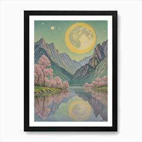 Giant Full Moon And Cherry Blossoms Art Print