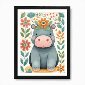 Floral Baby Hippo Nursery Illustration (42) Art Print