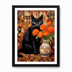 Black Cat With Orange Flowers 3 Art Print