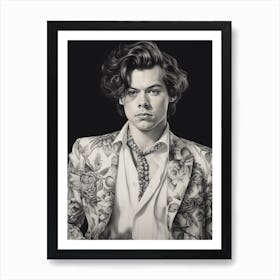 Harry Styles Kitsch Portrait B&W 1 Art Print