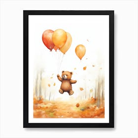 Bear Flying With Autumn Fall Pumpkins And Balloons Watercolour Nursery 2 Art Print