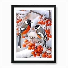 Two Birds Perched On Berries Art Print