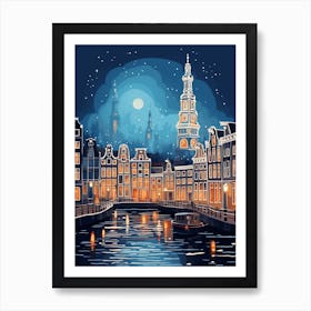 Winter Travel Night Illustration Amsterdam Netherlands 3 Art Print