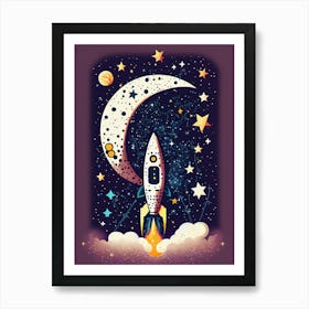 Retro Rocket and Moon, Nostalgic Space Illustration. Art Print