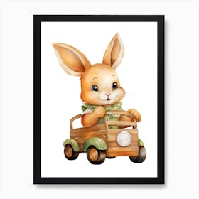 Rabbit Bunny On A Toy Car, Watercolour Nursery 1 Art Print