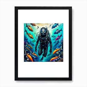 Scuba Diver with Fishes Around him 1 Art Print