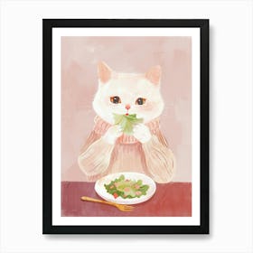 White Tan Cat Eating Salad Folk Illustration 1 Art Print