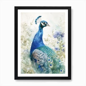 Watercolour Peacock With The Blue Blossom 1 Art Print