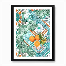 Sicilian azure tiles, oranges and flowers Art Print