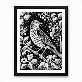 B&W Bird Linocut Hermit Thrush 3 Art Print