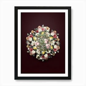 Vintage Pink Baby Roses Flower Wreath on Wine Red n.1122 Art Print