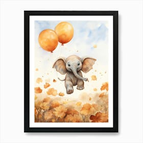 Elephant Flying With Autumn Fall Pumpkins And Balloons Watercolour Nursery 6 Art Print