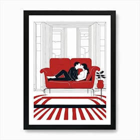 Man And Woman On Couch in Red Art Print