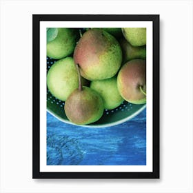 Green Pears On Blue Table Art Print