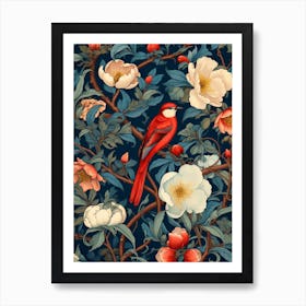 Floral Pattern With Red Bird Art Print