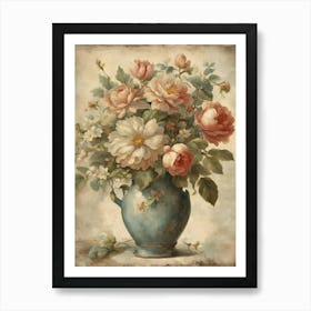 Pink Roses In A Blue Vase Art Print