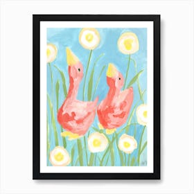 Coral Geese In The Garden Art Print