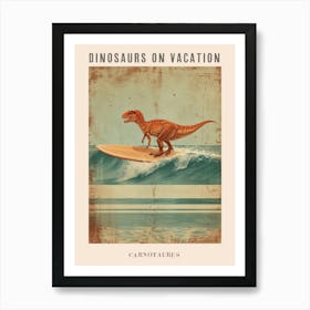 Vintage Carnotaurus Dinosaur On A Surf Board 2 Poster Art Print