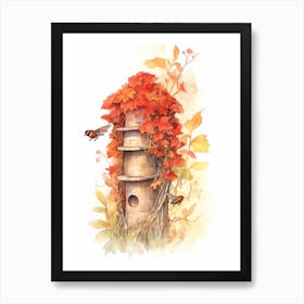 Red Mason Bee Beehive Watercolour Illustration 5 Art Print