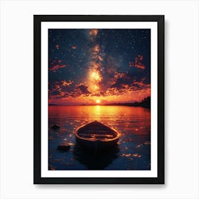 Sunset With A Boat 1 Art Print