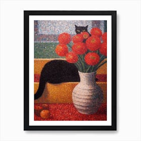 Anemone With A Cat 2 Pointillism Style Art Print