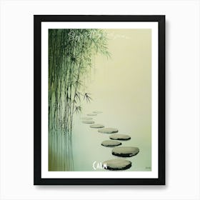 Calming Bamboo Forest And Stone Path, soft palette watercolor minimalist Calm Poster Art Print