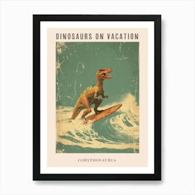 Vintage Corythosaurus Dinosaur On A Surf Board 2 Poster Art Print