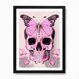 Skull With Butterfly Motifs 1 Pink Line Drawing Art Print