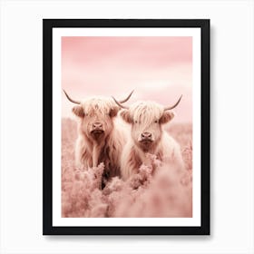 Portrait Of Two Highland Cows In The Field Pink Realistic Photography 2 Art Print