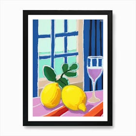 Painting Of A Lemons And Wine, Frenchch Riviera View, Checkered Cloth, Matisse Style 0 Art Print
