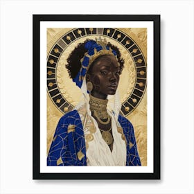 Golden Blue African Woman Illustration Art Print