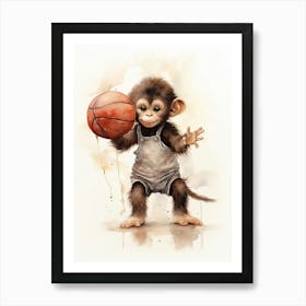 Monkey Painting Playing Basketball Watercolour 4 Art Print