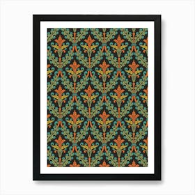 Enhanced Vintage Late Medieval Brocade Pattern Green And Orange On Dark Art Print